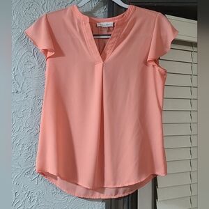 Calvin Klein Coral Split V-Neck Flutter Sleeve Blouse